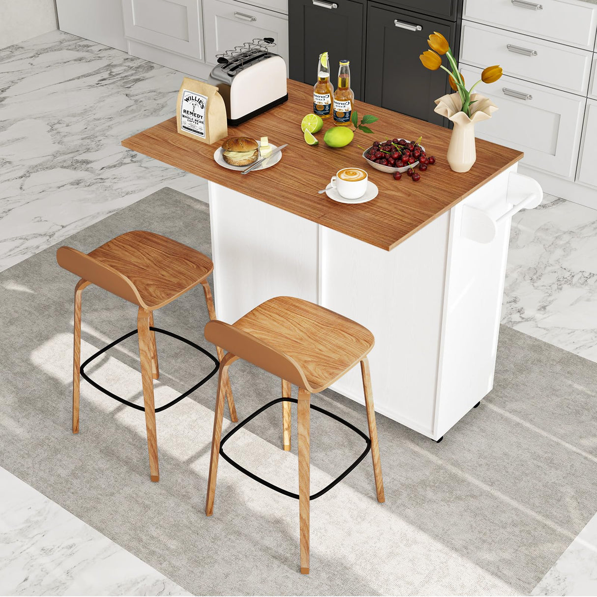 Giantex Kitchen Island Cart with Hidden Tilt Out Trash Can Cabinet, Drop Leaf, 2 Drawers, Towel Rack, Rolling Mobile Breakfast Bar Table, Wood Kitchen Storage Cart on Wheels (White & Natural) Giantex