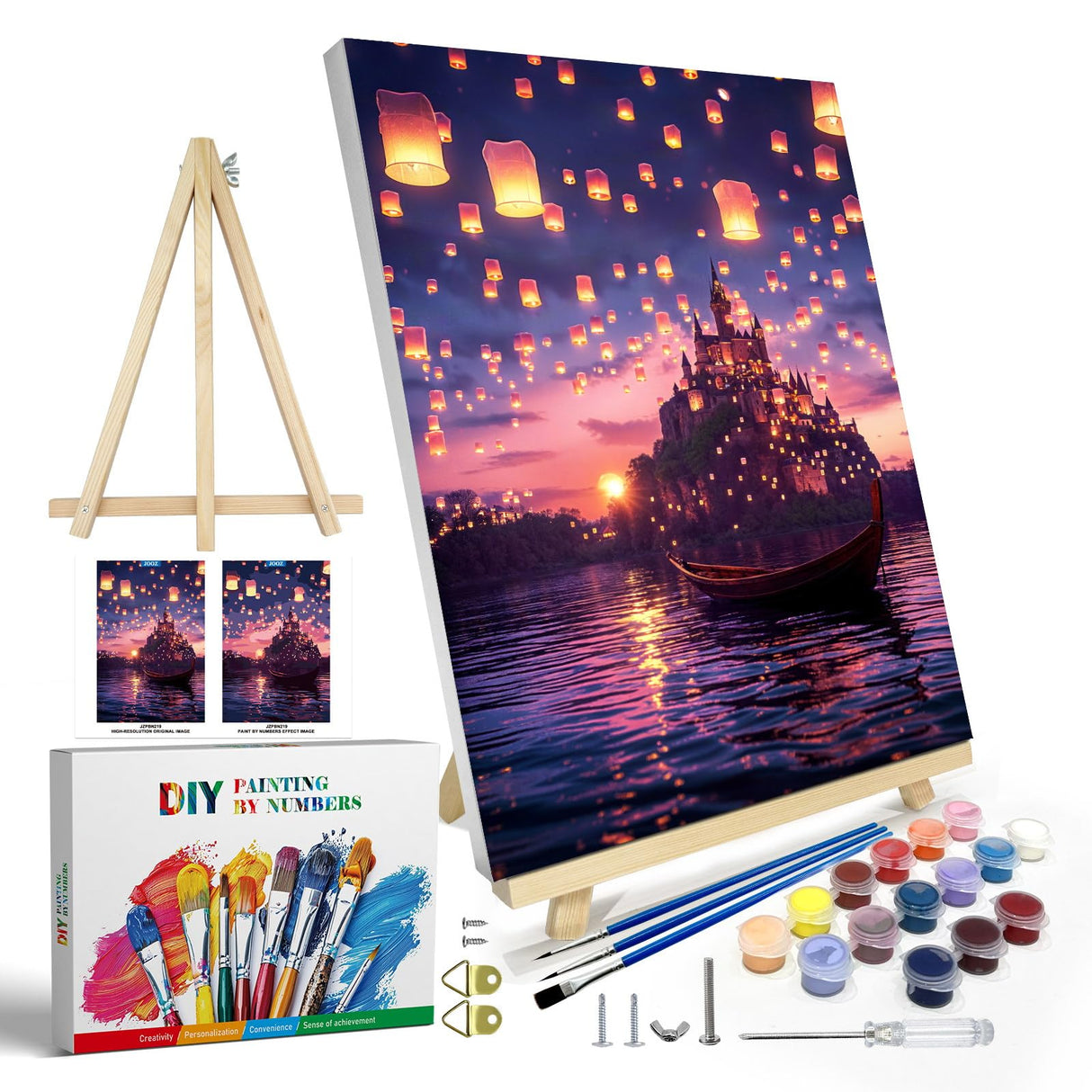 JOOZ Paint by Numbers Kit for Adults with Frame, Castle Paint by Number with Easel, DIY Sunset Boat Easy Paint by Numbers Landscape for Home Wall Decor 8 x 12 Inch JOOZ