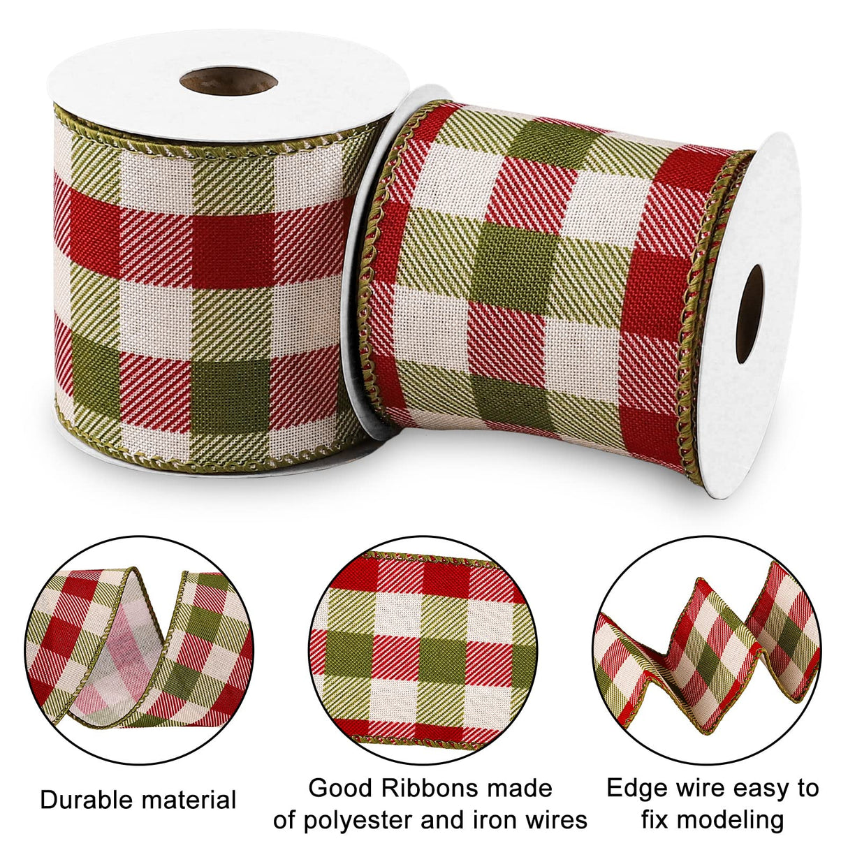 Whaline 2 Rolls Wired Edge Plaids Ribbon - Christmas Buffalo Check Red Green, 2.5 Inch Farmhouse Craft for DIY Gift Wrapping, Wreath, Xmas Tree Bow Decoration, 10 Yards Whaline