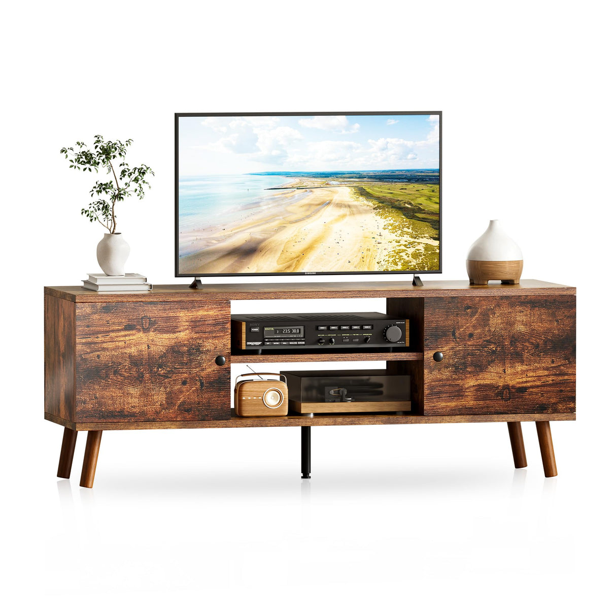 YSSOA TV Stand for 55 60 inch Living Room, 2 Cabinet Media Console Table, Entertainment Center with Storage, Soft Hinge Door with Handle, Wood Feet, Bedroom Furniture-Brown YSSOA