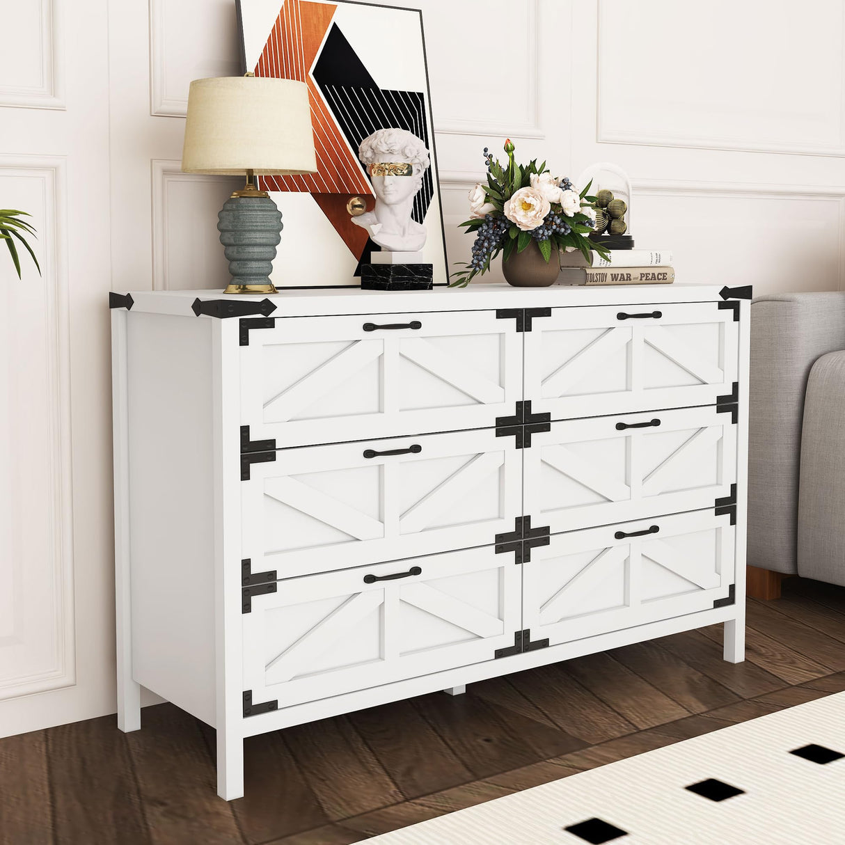 QHITTY 6 Drawers Dresser for Bedroom, Farmhouse Barn Chest of Drawers, Modern Storage Organizer Dresser for Bedroom, Hallway, Living Room QHITTY
