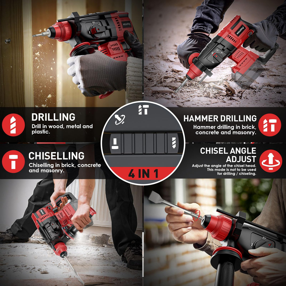 Rotary Hammer Drill For Milwaukee 18V: 1" SDS Plus Brushless Rotary Hammer - Safety Clutch 4 Application Modes Fastest Drilling For Concrete Tile Wood Wall Including 4 Drill Bits(Battery not included) MtiolHig