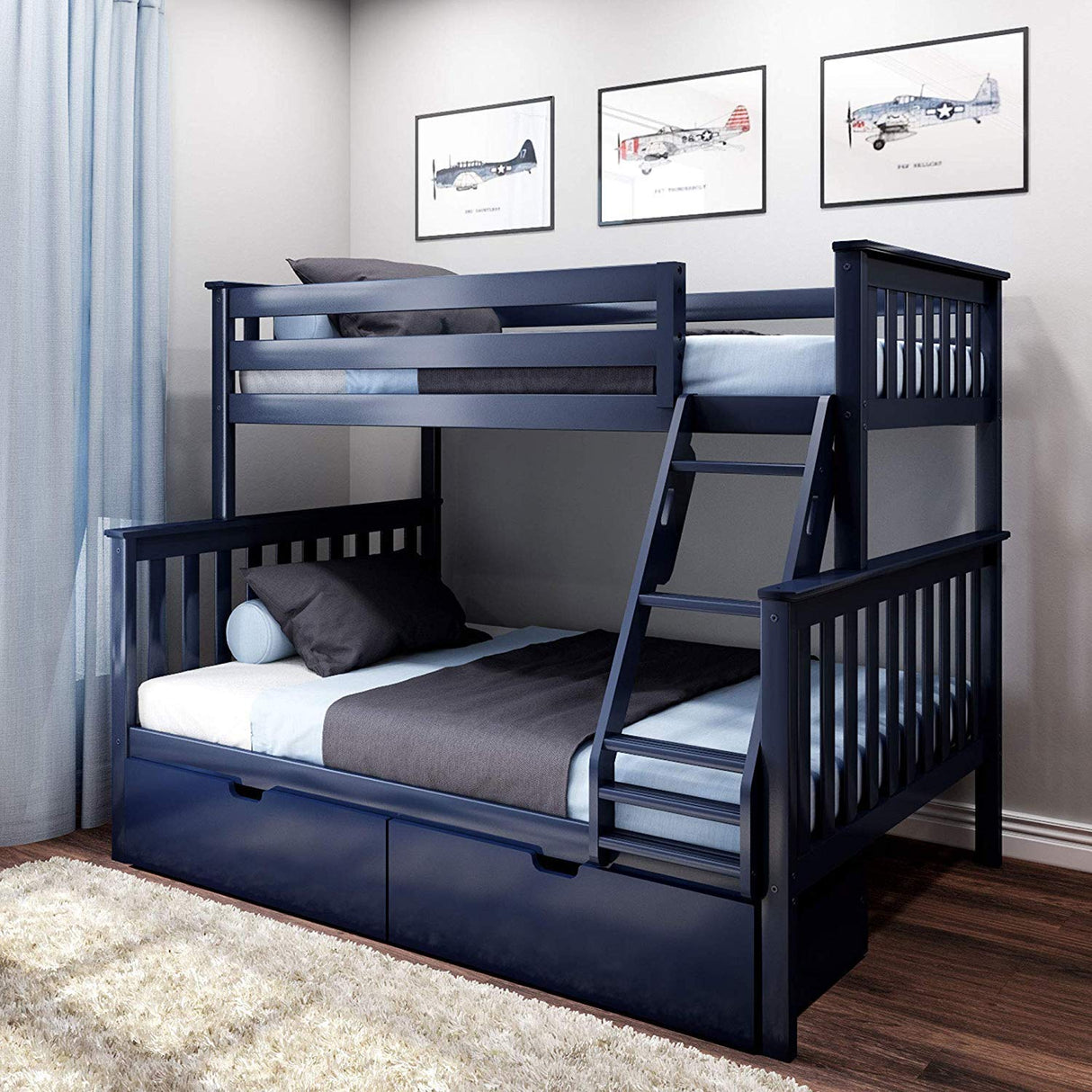 Max & Lily Bunk Bed, Twin-Over-Full Wood Bed Frame for Kids with Storage Drawers, Blue Max & Lily