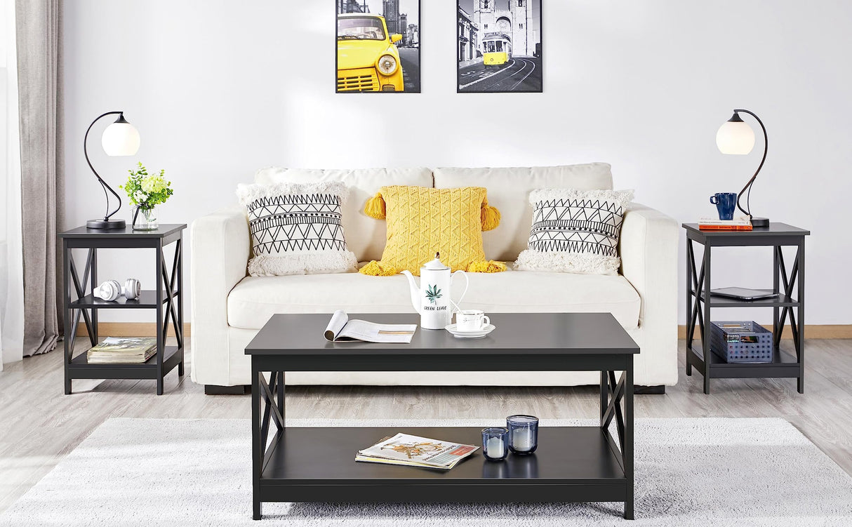 Yaheetech Black End Table Set of 2, 16x16x24 in Sturdy 3-Tier Side Tables with Storage Shelf & Solid Wood Legs, 2Pcs X-design Modern Sofa Side Table for Living Room Office, Easy Assembly Yaheetech