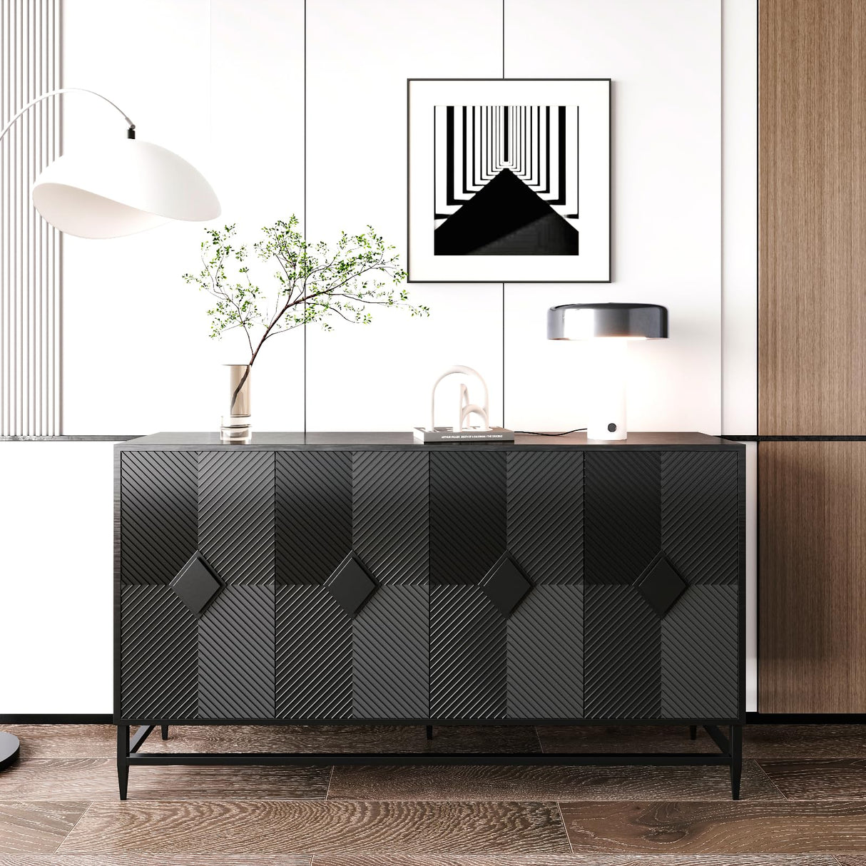 WILSHINE Sideboard Buffet with Storage Cabinet, 60" Black Buffets & Sideboards Credenza Wooden Entryway Table with 4 Doors and Adjustable Shelves for Dining Living Room Kitchen Coffee Bar WILSHINE