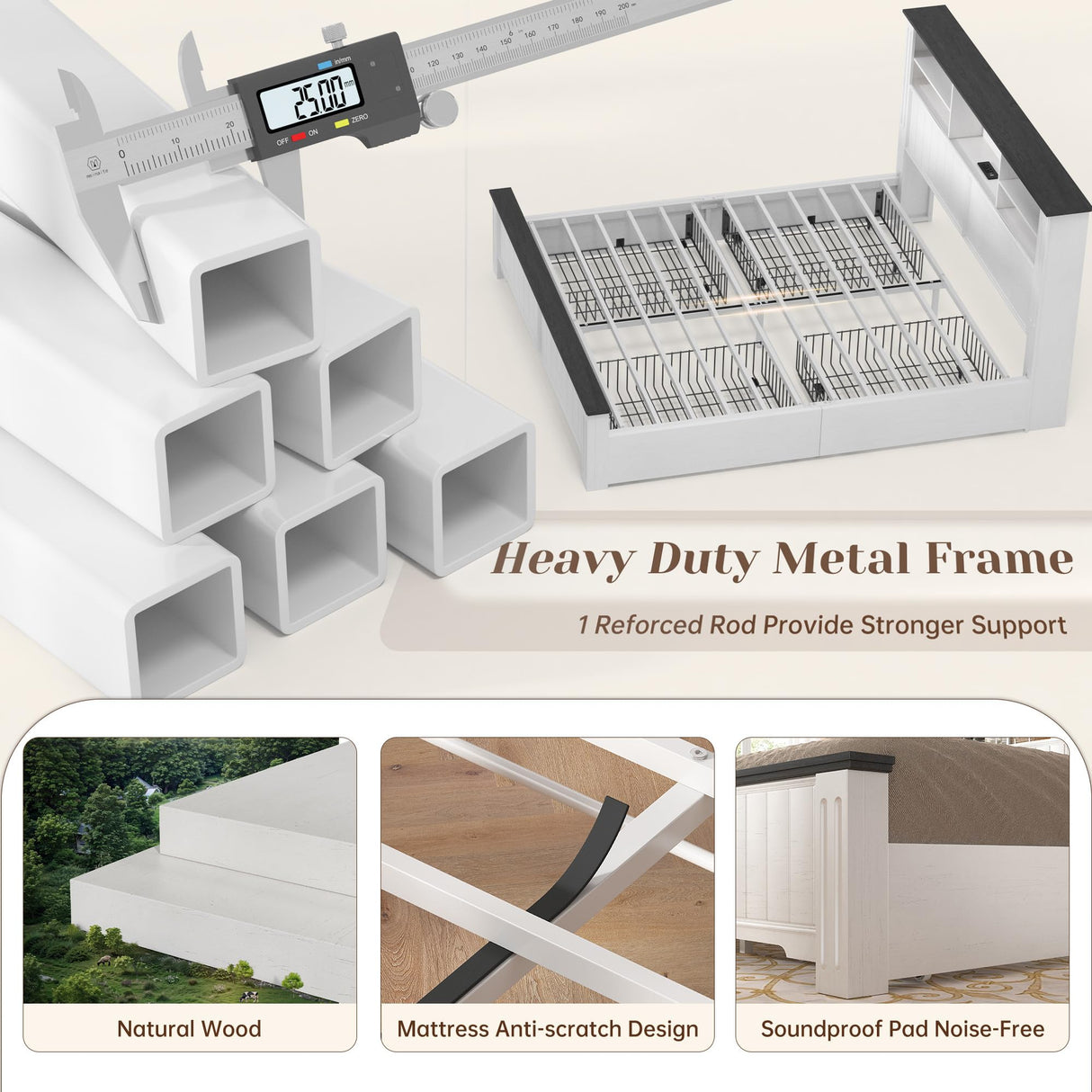 EnHomee Queen Bed Frame with Headboard and Storage, 4 Drawers and LED Built in Charging Station Bed Frame Queen Size with Storage Farmhouse, NO Noise,No Box Spring Needed, White EnHomee