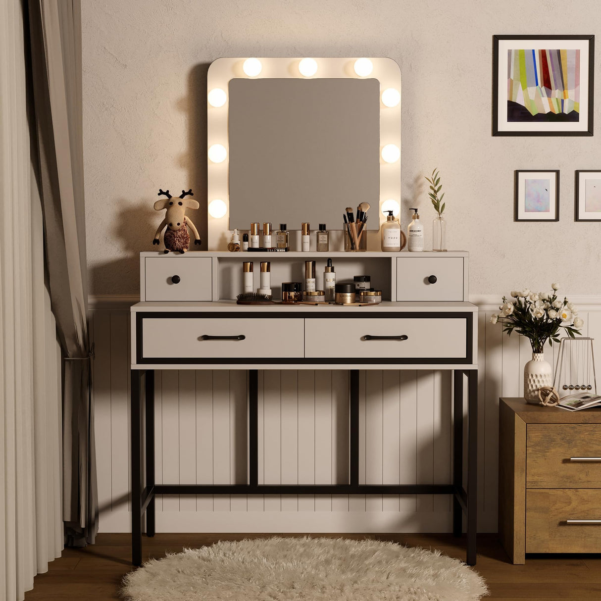 Sunvivi Vanity, Makeup Vanity Desk with 3 Color Dimmable Lighted Hollywood Mirror, White Vanity with 4 Drawers, Large Dressing Table for Women Girls Sunvivi