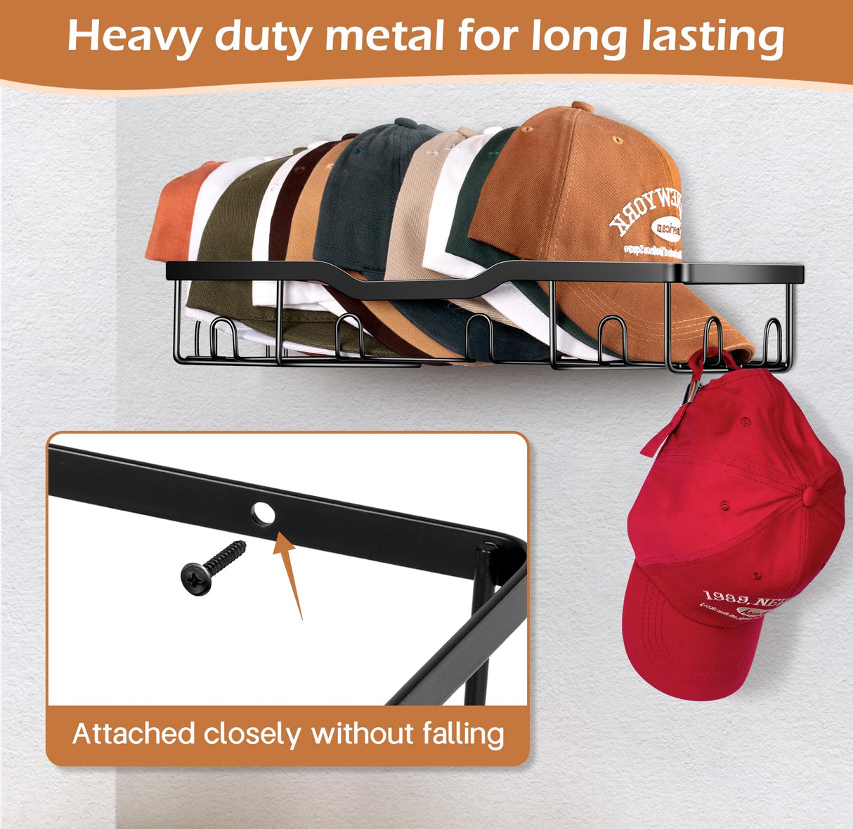 KEETDY Metal Hat Racks for Baseball Caps Wall Hat Organizer Fit 20 Caps Holder, 2 Packs Sturdy Wall Mounted Hat Storage Organizer, Black, Patent: US D1,041,201 S KEETDY