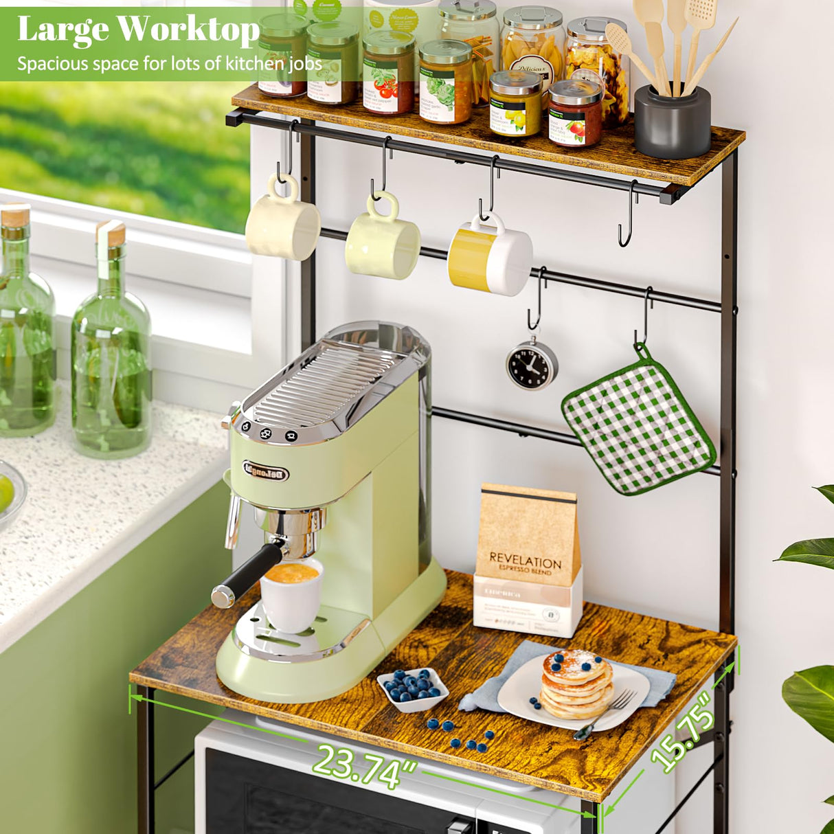 DAOUTIME Kitchen Bakers Rack with Power Outlet, 4-Tier Coffee Bar Station with 6 S Hooks, Microwave Stand for Kitchen, Living Room, Farmhouse, 23.62" W x 15.74" D x 57.13" H, Rustic Brown DAOUTIME