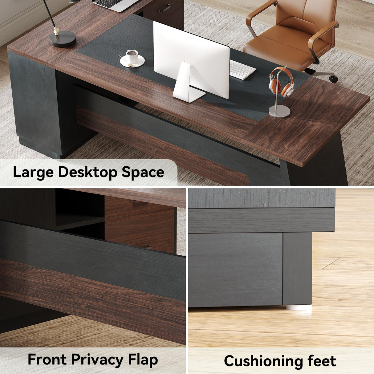 LITTLE TREE 78-Inch Executive Office Desk with File Cabinet, Large Modern Corner Office Desk for Home Office, 3-Drawer Wood File Cabinet, Spacious Workstation for Home Office (Brown & Black) LITTLE TREE