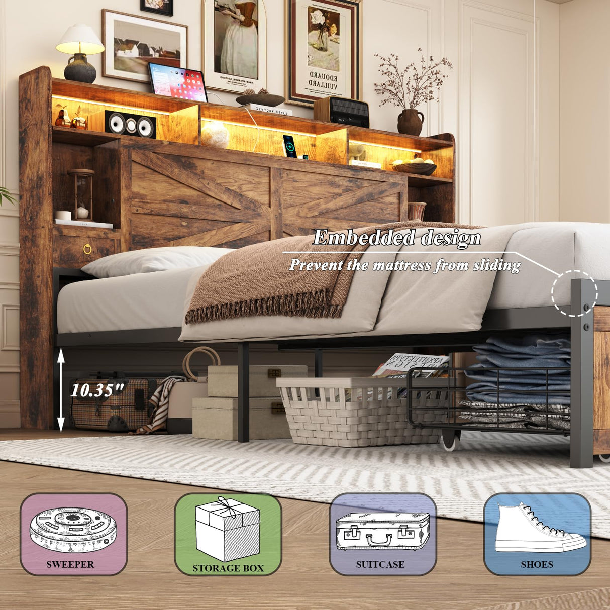 TIGUBFRE King Size Bed Frames with Storage Headboard and 4 Drawers, Farmhouse Platform Bed Frame with Charging Station & LED Lights, Metal Slats Support, Noise Free, No Box Spring Needed, Rustic Brown TIGUBFRE