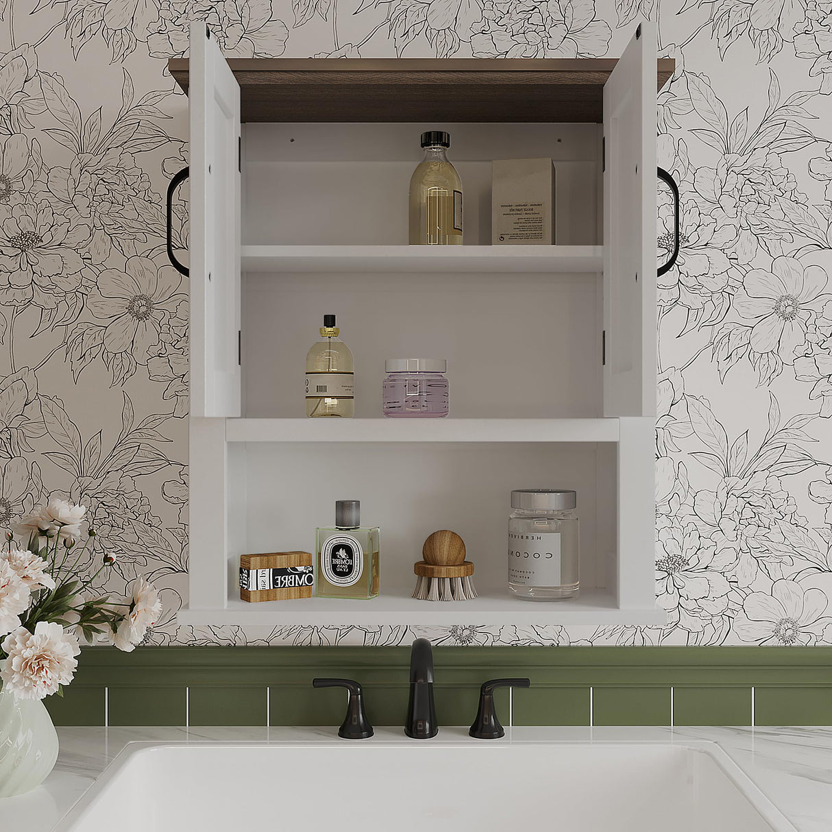 ChooChoo Farmhouse Wall Cabinet with Doors, Medicine Cabinet with Adjustable Shelves Over The Toilet, Rustic Cabinet Wall Mounted for Bathroom, Kitchen, Living Room, Antique White & Brown ChooChoo