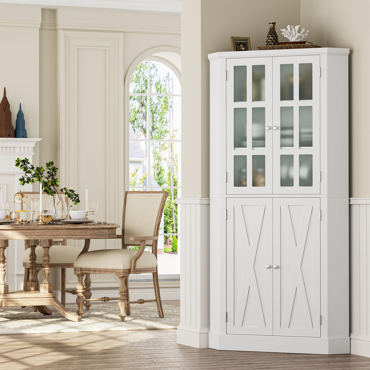 BOTLOG 67" Corner Cabinet, Tall Corner Storage Cabinet with 4 Doors, Corner Cabinet with Spacious Top, Curved Profile Design, Space Saver for Bathroom, Living Room, Kitchen, Modern White BOTLOG