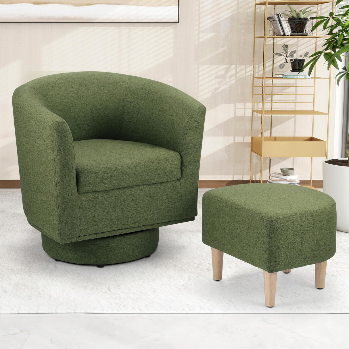DAZONE Green Swivel Accent Chair with Ottoman, Comfy Barrel Armchair for Small Spaces, 360° Modern Fabric Lounge Chair for Living Room, Bedroom, Reading Nook, Home Office DAZONE