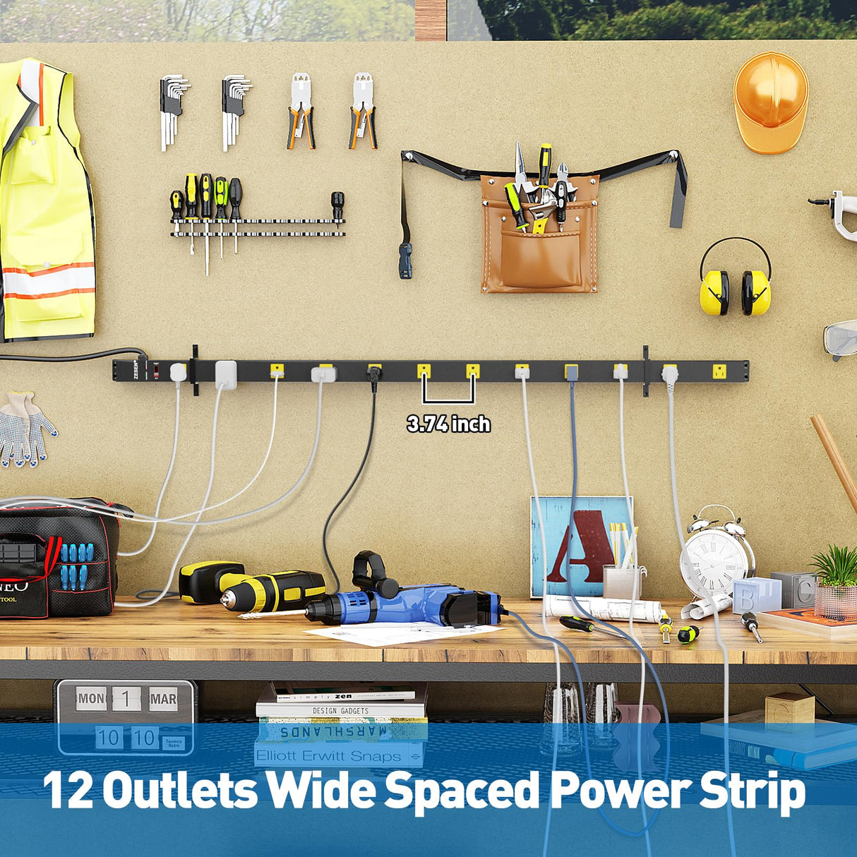 ZESEN 12 Outlet Long Power Strips Heavy Duty Garage Workshop Multi Wide Industrial Power Strip Surge Protector with 4ft Cord, ETL Certified, 1875W, Black ZESEN