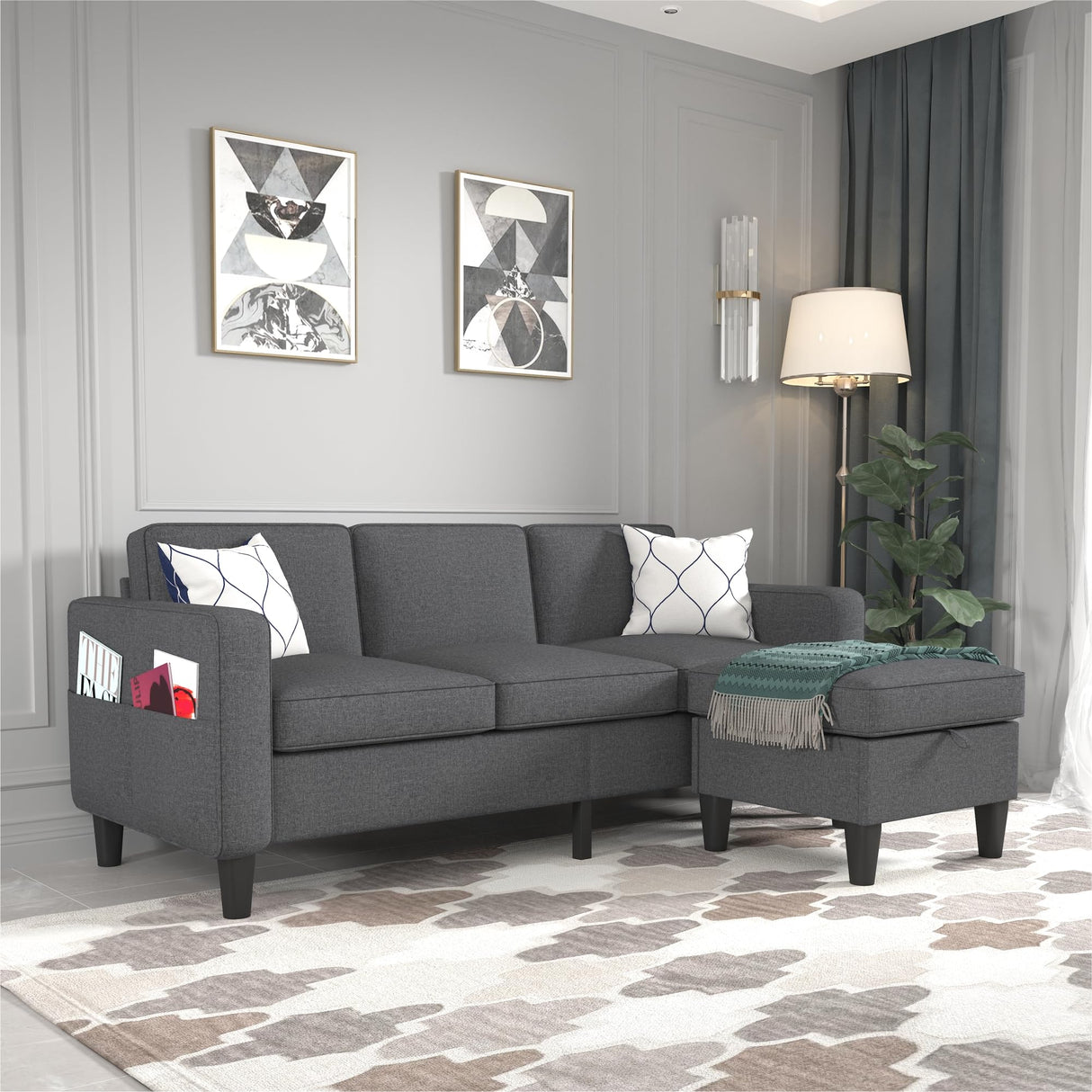 Sectional Sofa Couches for Living Room, Small Space Couch L-Shaped Sofa, 3 Seat Modern Sofas Convertible with Storage Ottoman for Small Space, Bedroom, Offices and Apartments, Dark Grey Grzyhem