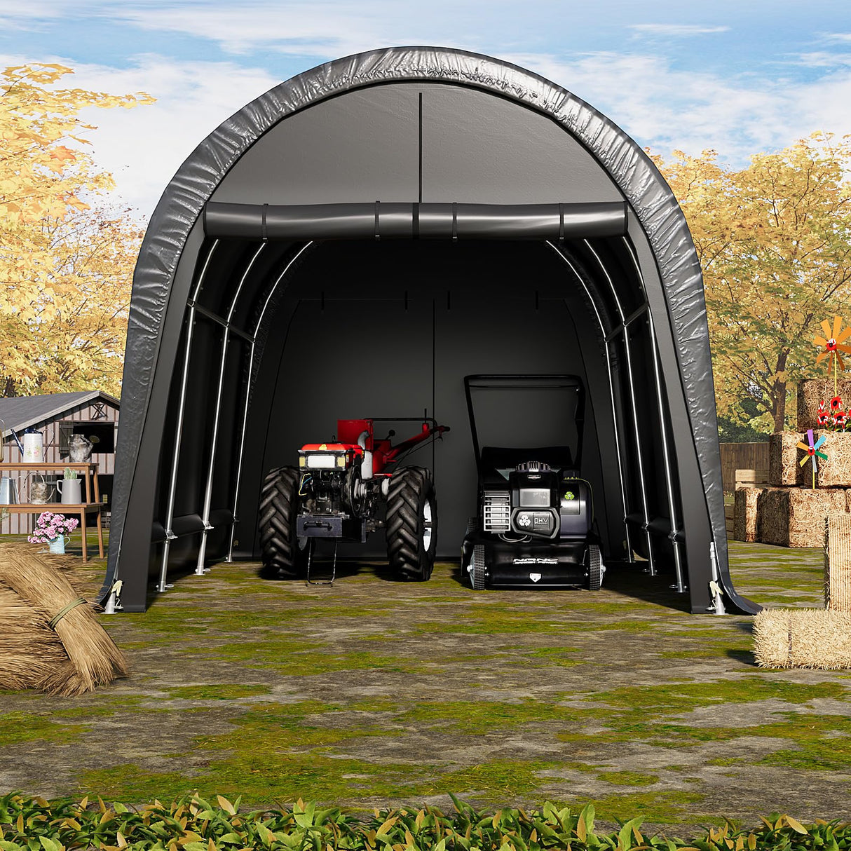 EROMMY Carport 10 x15 FT Heavy Duty, Portable Garage with All-Steel Metal Frame and Round Style Roof, Anti-Snow Car Canopy Outdoor Storage Shelter for Car, Truck, Boat EROMMY