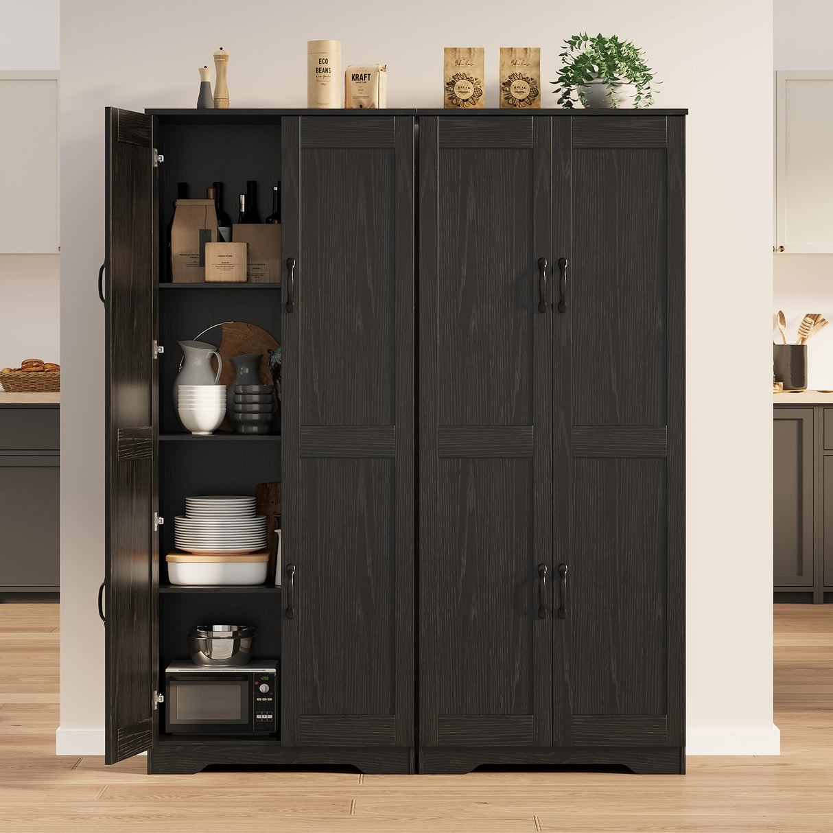 IDEALHOUSE Tall Pantry Cabinet, 60" Kitchen Pantry Storage Cabinet with 2 Doors and Adjustable Shelves, Freestanding Kitchen Cabinet, Cupboard for Dining Room, Bathroom, Living Room, Black IDEALHOUSE