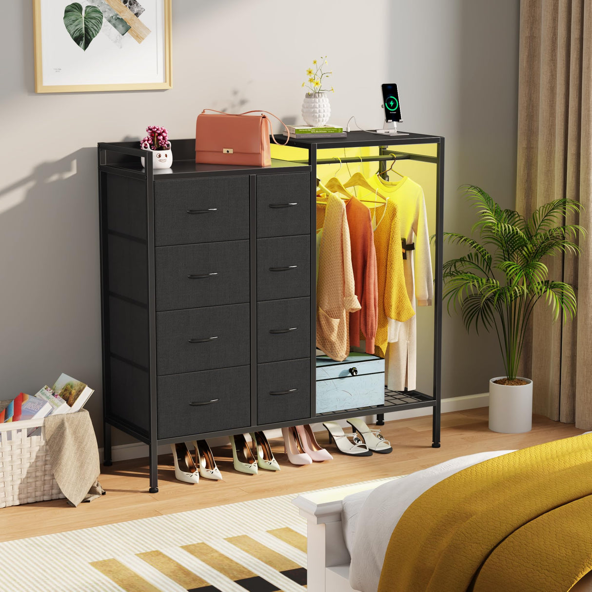 HIGDBFE 8-Drawer Dresser with Hanging Rack, Bedroom Dresser with Charging Station & LED Lights, Kids Dressers with Shoe Rack for Clothes Storage, Chest of Drawers for Bedroom, Closet, Black HIGDBFE