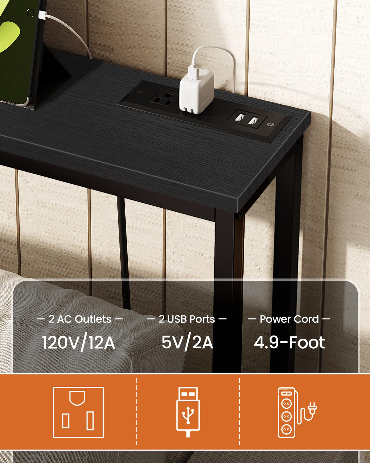 CHOEZON 70.9" Narrow Console Table with Power Outlet 7.1" Skinny Sofa Table, Long Behind Couch Table with Charging Station, Entryway Table for Hallway, Living Room Black TXG18UBB CHOEZON