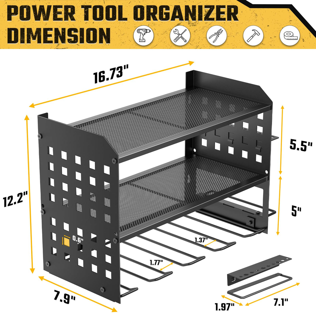 Spacecare Power Tool Organizer, Drill Holder Wall Mount with 2 Side Pegboards with Hooks, 3 Layer Garage Organization Floating Cordless Heavy Duty Tool Organizers Utility Rack for 4Drill Holders Black SPACECARE