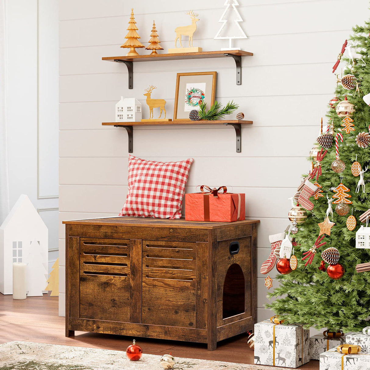 DINZI LVJ Litter Box Furniture, Flip Top Hidden, Washroom with Louvered Window, Entrance Can Be on Left/Right Side, Enclosed Litter House Side Table for Most of Cat and Litter Box, Rustic Brown DINZI LVJ