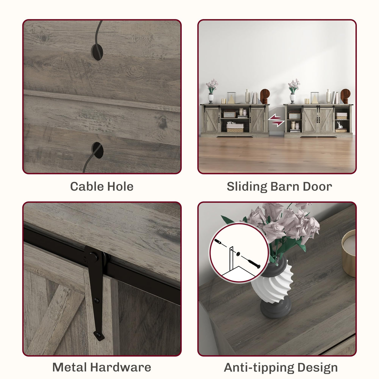 HOMCOM TV Stand Cabinet for TVs up to 65 Inch, Entertainment Center with Charging Station, 59" Farmhouse Media TV Console Table with Sliding Barn Doors, Adjustable Shelves, Gray HOMCOM