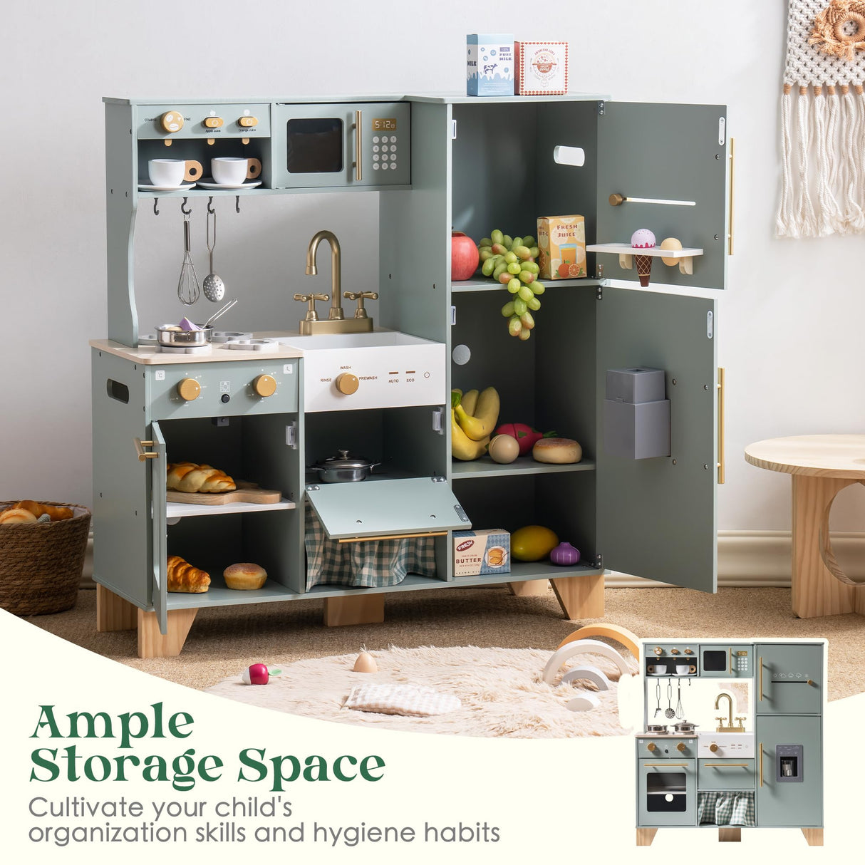 ROBUD Play Kitchen Set, Wooden Play Kitchen with Ice Maker, Fridge, Coffee Machine, Oven, Dishwasher, Microwave, Kitchen Accessories, Toy Kitchen Gift for Boys Girls, 3+ ROBUD