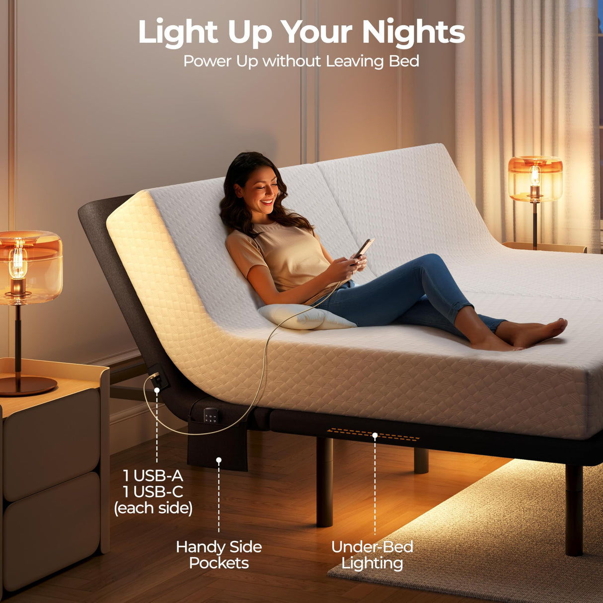 Yaheetech Split King Adjustable Bed Frame,w/Wireless Remote,Massage Function,Nightlight,4 Height-Adjustable Legs,Head & Foot Incline,4 USB Ports,Easy Assembly Yaheetech