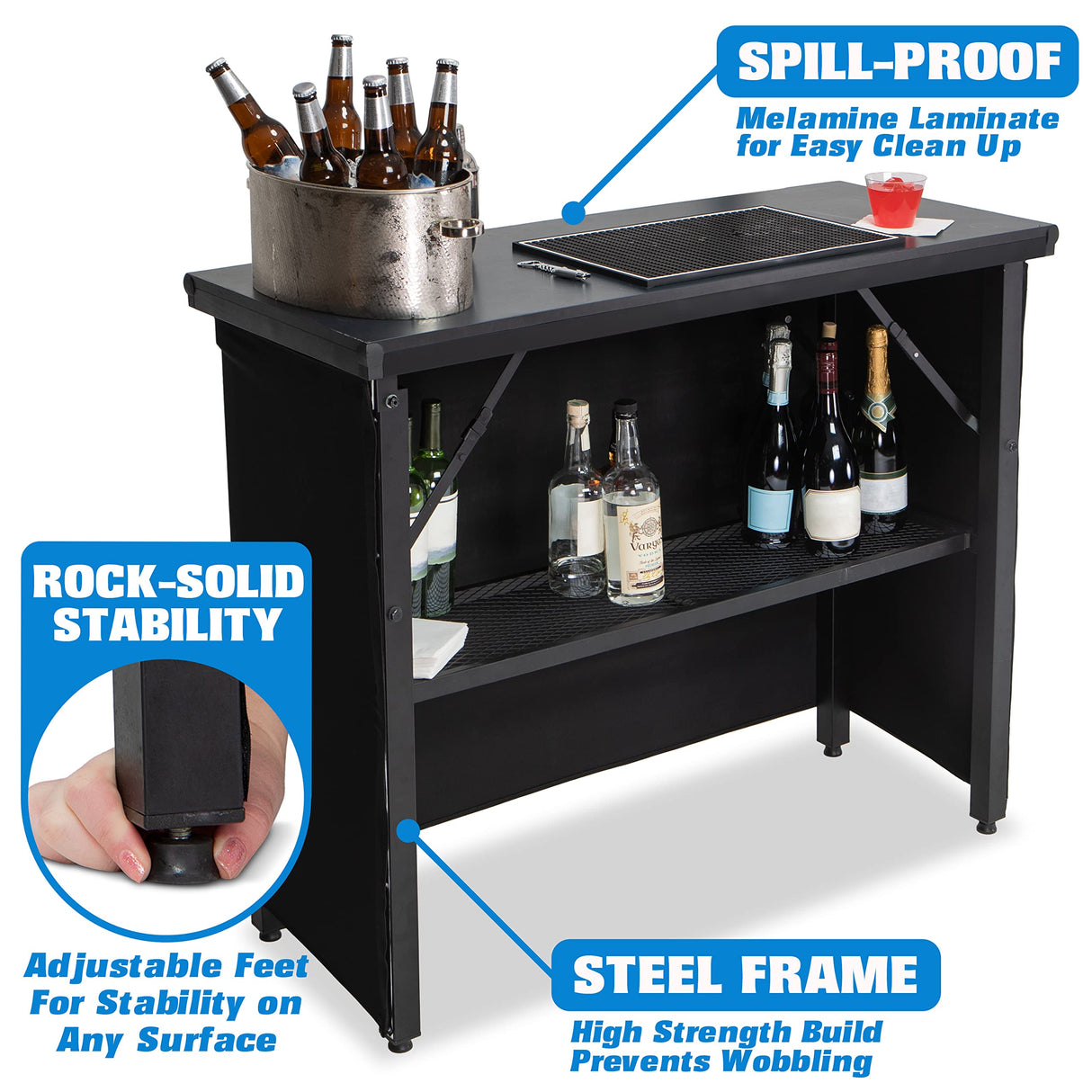 GoPong GoBar PRO Commercial Grade Portable Bar Table - Mobile Bartender Station for Events - Includes Black Skirt and Carry Case - Standard or LED GoPong