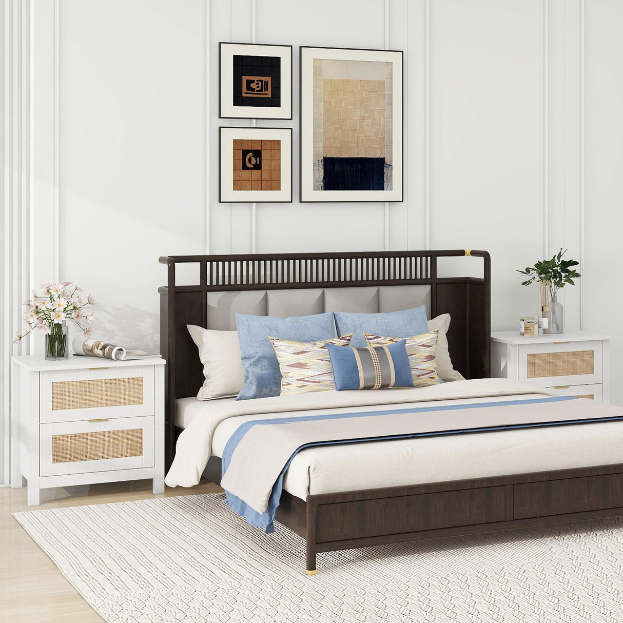 AILEEKISS Night Stand Set of 2 Rattan Nightstands with Wireless Charging Station, Wood Accent Bed Side End Tables with 2 Rattan Drawers, Modern Bedside Stand for Bedroom, Living Room (White) AILEEKISS