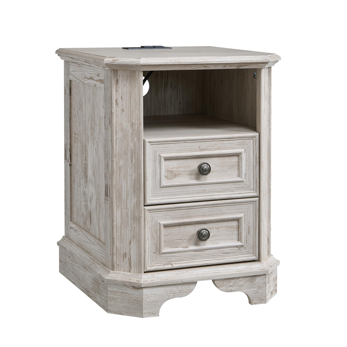 T4TREAM Farmhouse Nightstand with Charging Station, 18" End Table with 2 Drawers, Wood Side Table, Bedside Cabinet for Bedroom, Living Room (Distressed White) T4TREAM