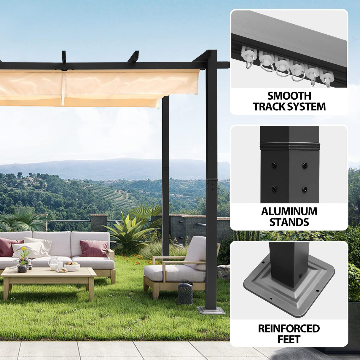 10‘x10’ Louvered Pergola, Retractable with Sun Shade Canopy Patio Pergola, Heavy Duty Aluminum Pergolas for Gardens, Pavilion Grill Gazebo, Backyards and Decks, Grape Trellis (Khaki) HOWSVN