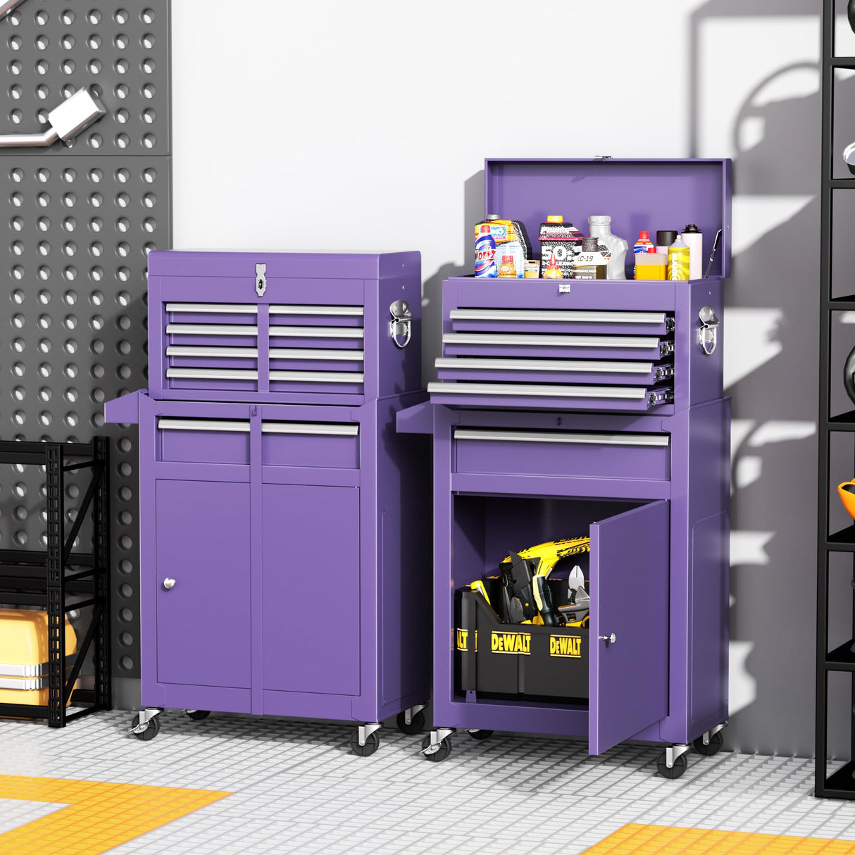 INTERGREAT Purple Tool Chest, 5-Drawer Rolling Tool Storage Cabinet with Detachable Top Tool Box, Tool Chest with Universal Lockable Wheels, Metal Tool Cart for Garage, Workshop, Barbershop INTERGREAT