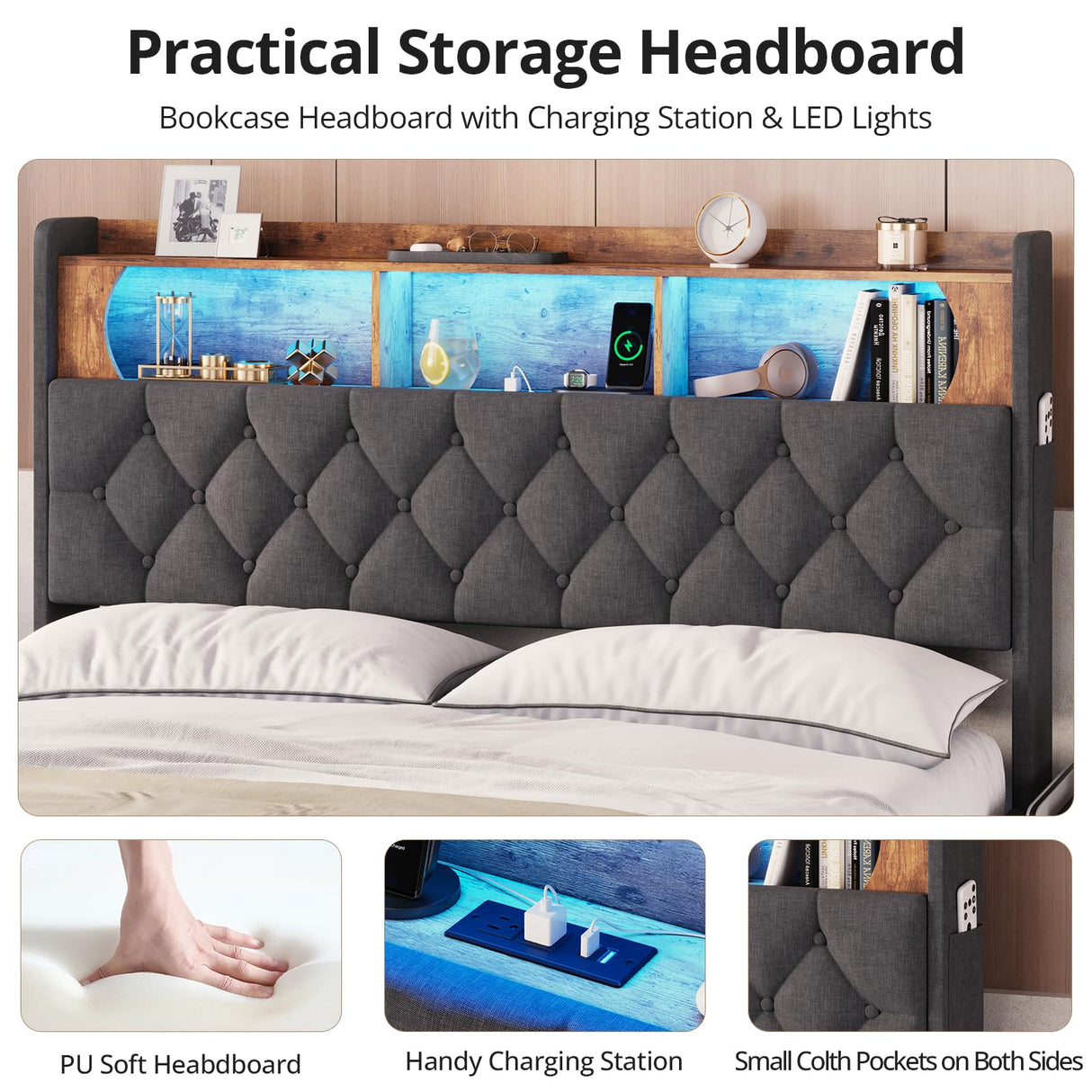 BTHFST Dark Grey Floating Bed Frame with LED Lights and Storage Headboard, Queen Size, No Box Spring Required BTHFST