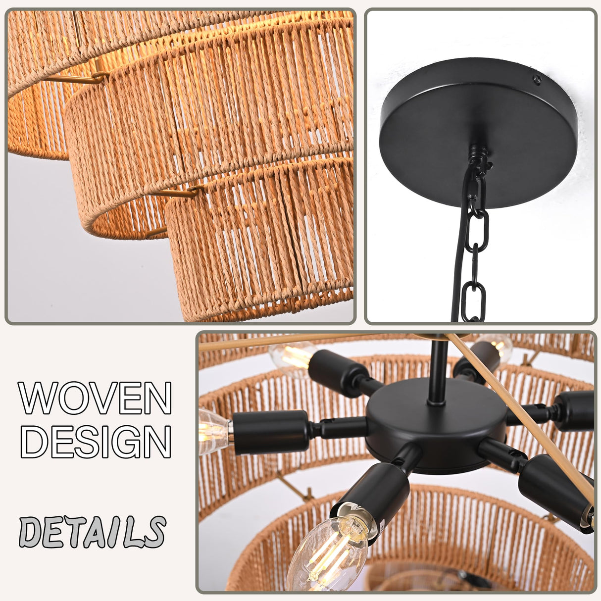 AyshwillDec 6-Light 24" Woven Boho Chandelier for Bedroom Rattan Light Fixture Wicker Pendant Light Large Rattan Pendant Light with 4-Tier Woven Shade Drum Light Fixture for Living Room Entryway AyshwillDec