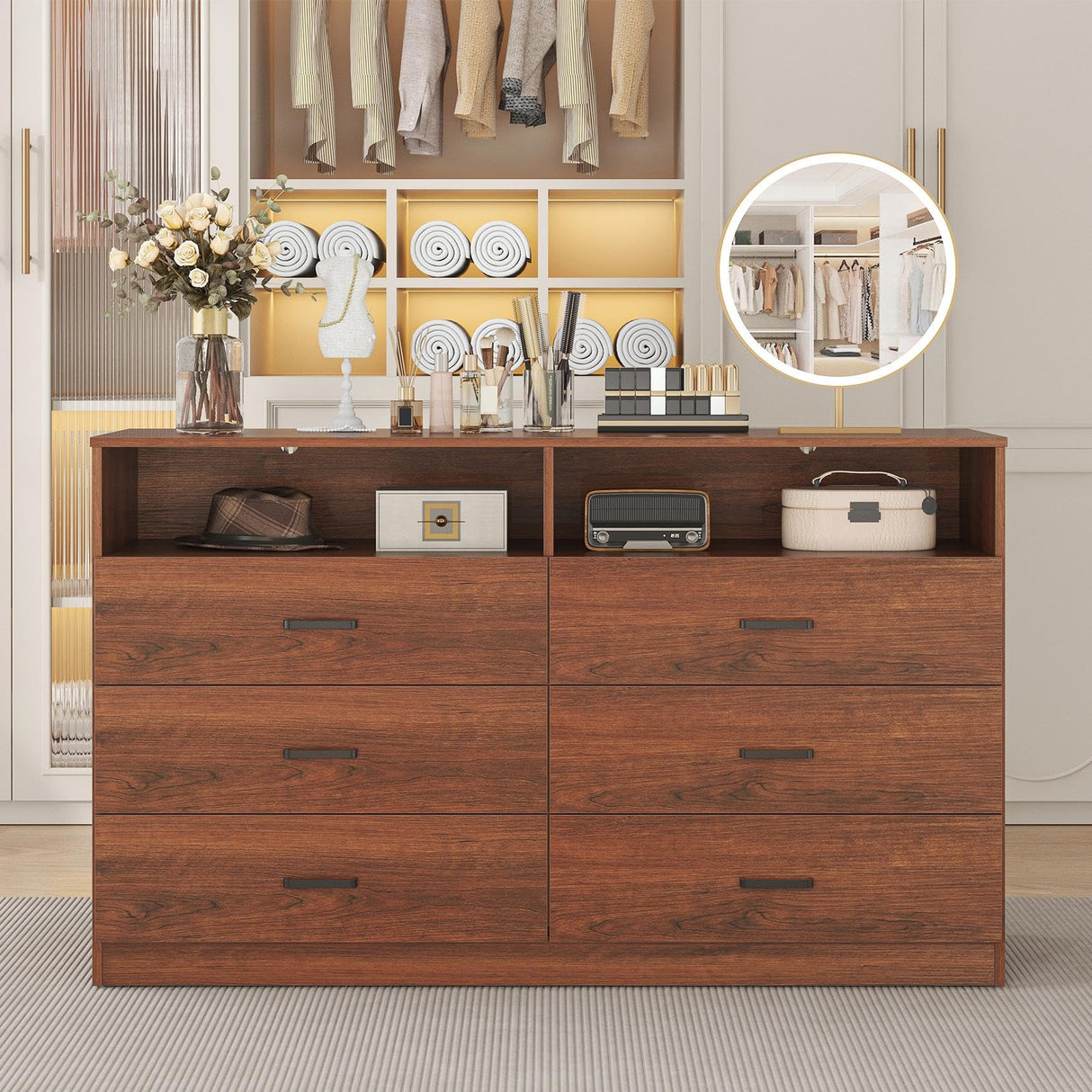 Bigbiglife 6 Drawers Dresser for Bedroom Wooden Drawer with Open Storage Cubby, Double Wide Dresser Organizer for Bedroom, Living Room, Entryway, Hallway (Walnut Brown) Bigbiglife
