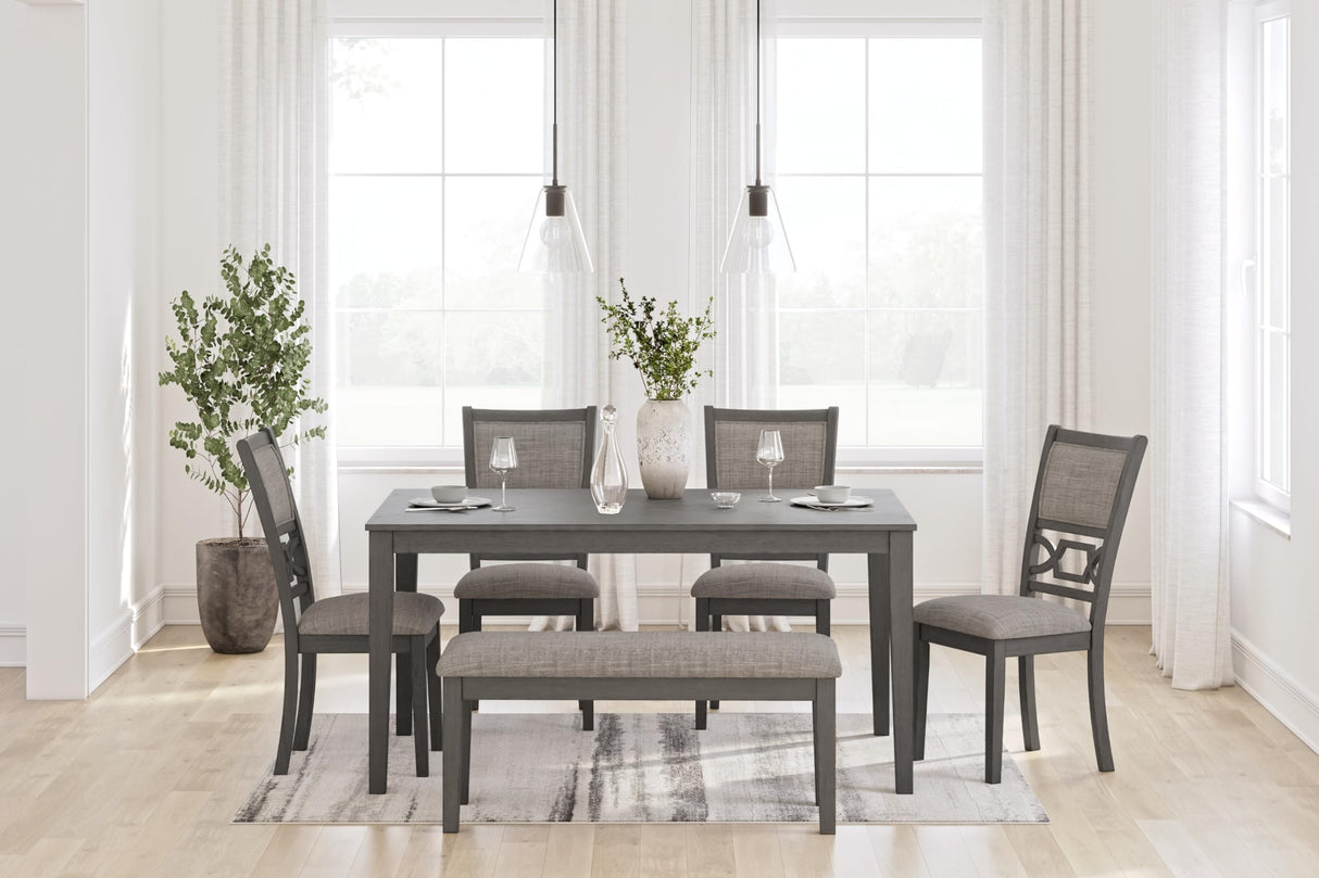 Signature Design by Ashley Wrenning Modern Diamond Patterned Dining Table with 4 Upholstered Chairs and Bench, Set of 6, Gray & Light Gray Signature Design by Ashley
