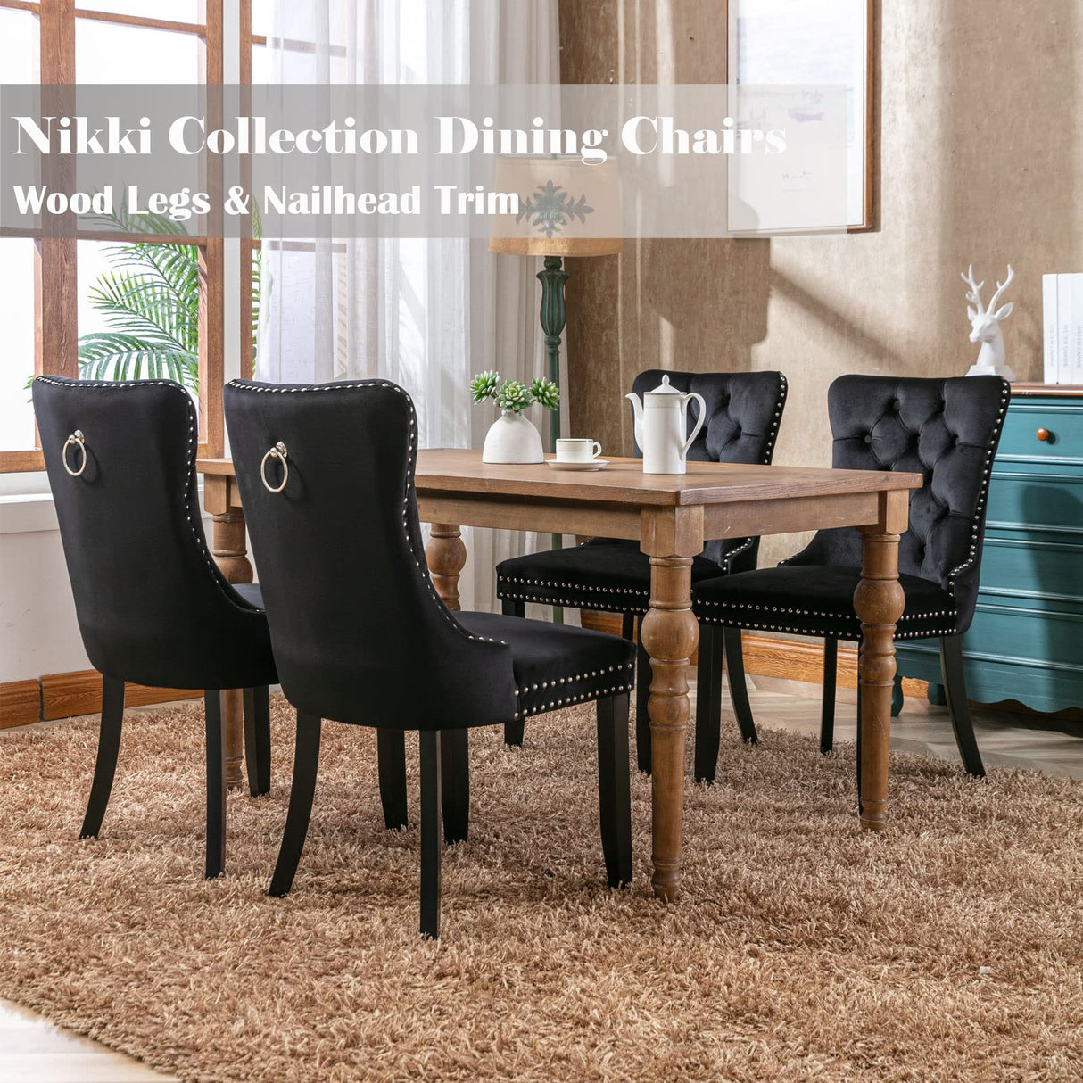 Black Velvet Dining Chairs Set of 4, Upholstered Dining Room Chairs with Back Ring Pull Trim and Solid Wood Legs,Modern Dining Chairs Perfect for Dining Room,Living Room,Kitchen(Black) Shenyon