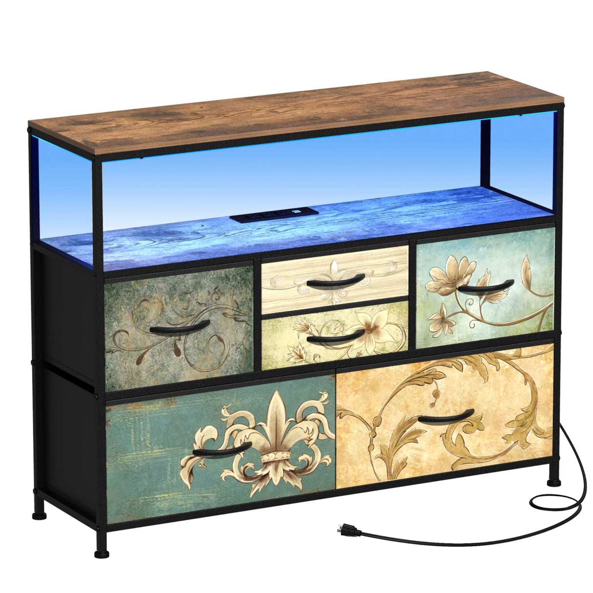 Tohomeor TV Stand with Power Oulet Dresser with Charging Station & LED Light Dresser with 6 Fabric Drawers for Living Room Storage Chest of Drawers Retro Dresser with Open Shelf Wooden Top Tohomeor