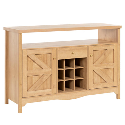 VDNEND 45.7” Wine Cabinet,Farmhouse Home Coffee Bar Sideboard Buffet Cabinet Liquor Storage with 9 Wine Racks & 2 Doors for Kitchen, Living and Dining Room (1, Natural)