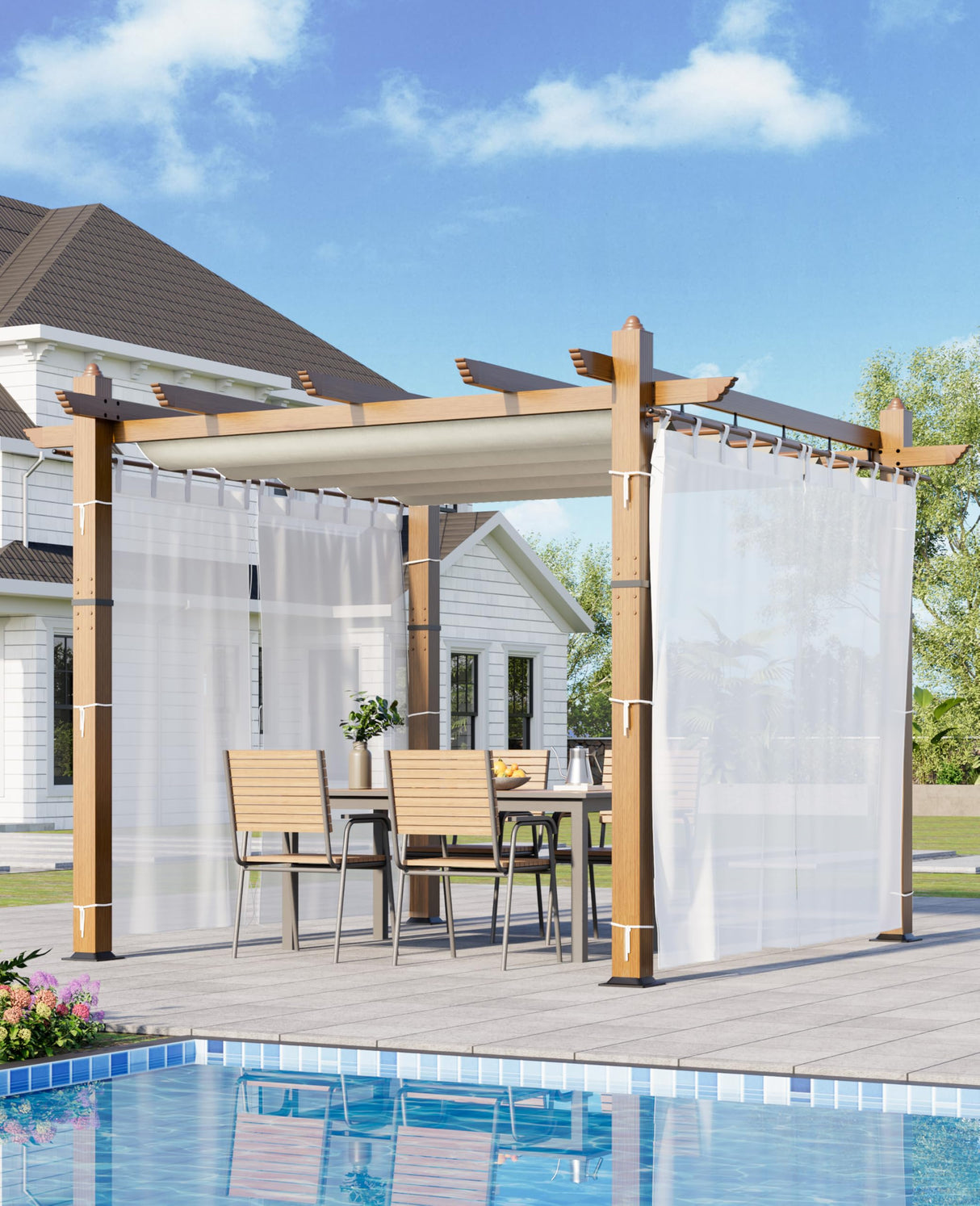 Garvee 10x10 Ft Outdoor Retractable Pergola with Canopy and Side Mesh Screen, Upgraded Wood-Grain Post Aluminum Pergola, Modern Pavilion for Backyard, Patio, Porch, Grape Trellis, Beige+White Garvee