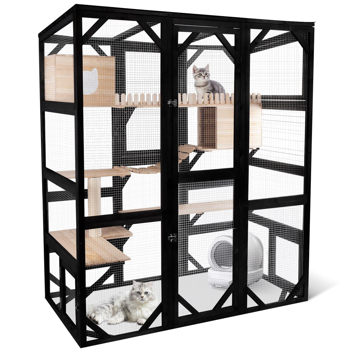 FunXplore Large Catio Outdoor Cat Enclosure Window 73" H Walk-in Cat House Kitty Cage for Multiple Indoor Outdoor Cats Outside Patio with 5 Access Doors Waterproof Roof FunXplore