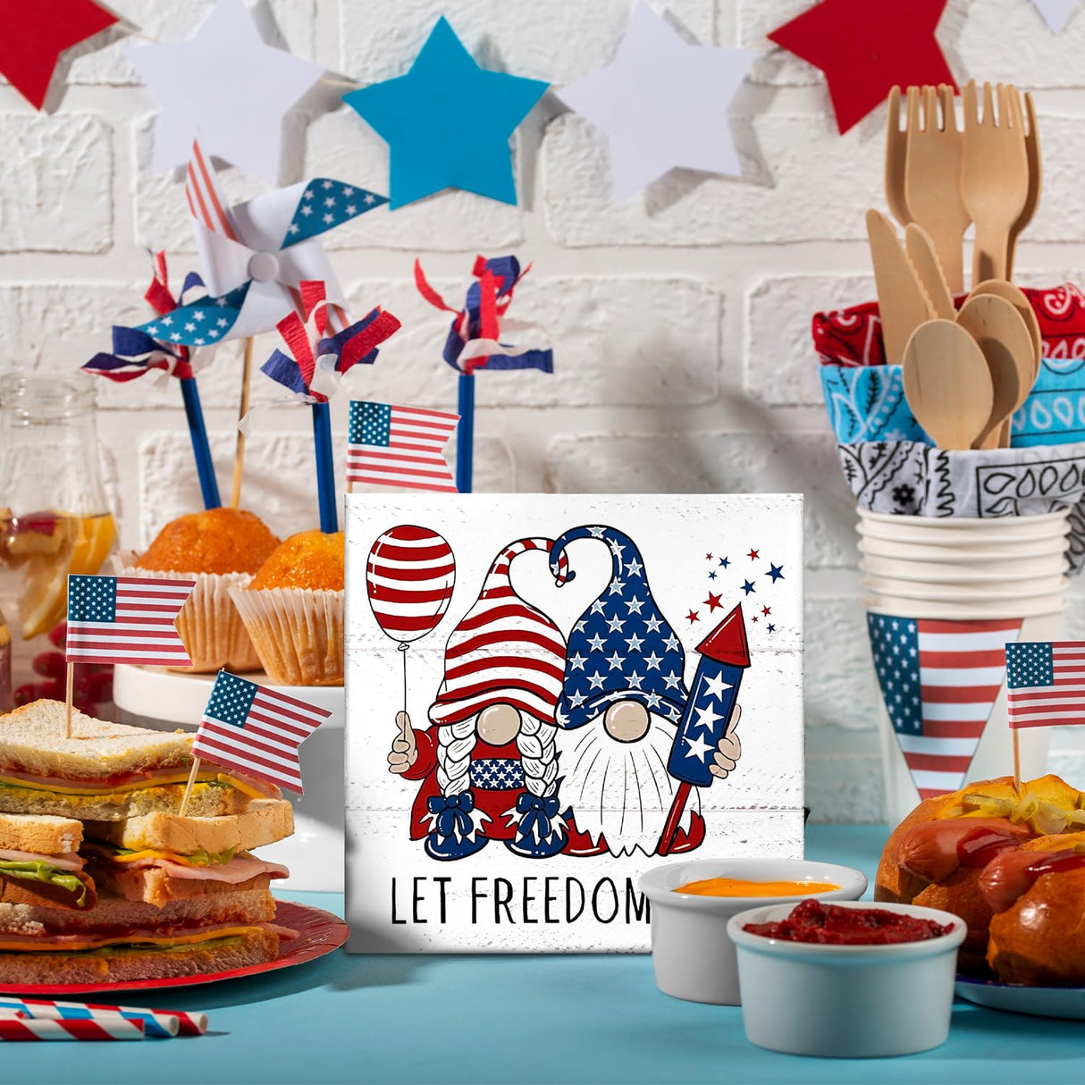 JXREQ 4th of July Decorations, Patriotic Decor Wood Box Sign, Independence Day Tiered Tray Decor, Farmhouse Rustic Gnomes Let Freedom Ring Sign, Home Office Bedroom Table Decoration, 5x5 Inch JXREQ