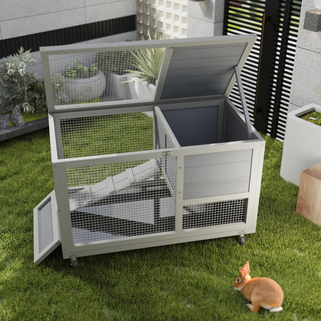 Wooden 36Inches Rabbit Hutch Indoor with Wheels Bunny Cage Outdoor Durable Wide Space Rabbit Cage with Tray, Openable Roof, Anti-Slip Ramp for Small Bunny Rabbit (Grey) Nyeekoy
