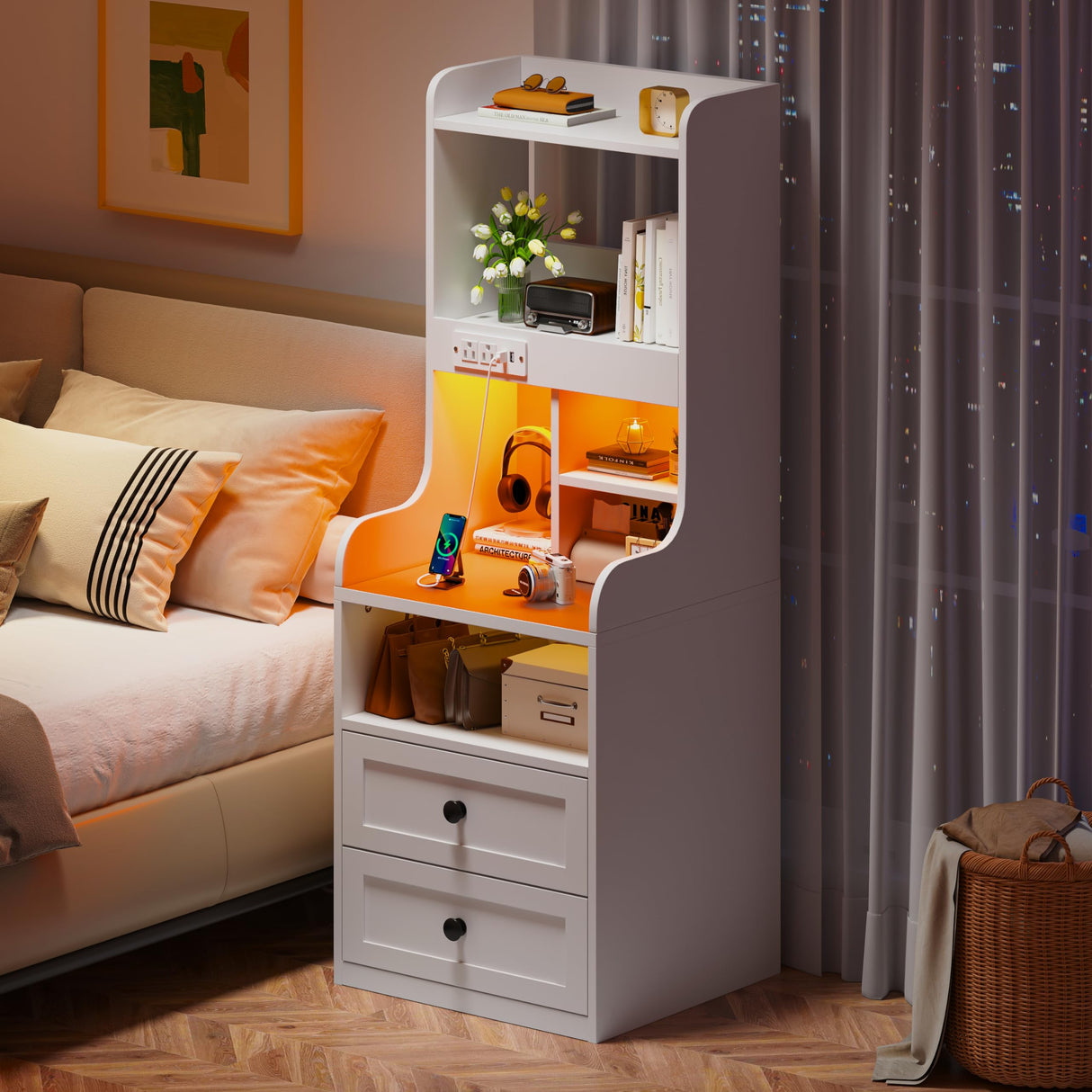EnHomee Tall LED Nightstands Set of 2 with Charging Station and 2 Drawers in White EnHomee