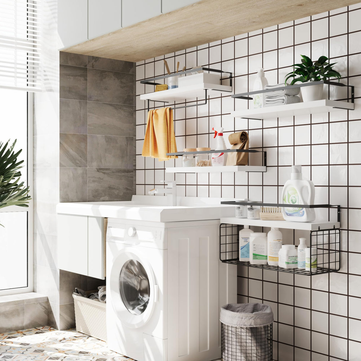 White Wood Floating Shelves Wall Mounted - 3+1 Tier Rustic Bathroom Wall Shelves Over Toilet with Wire Storage Basket and Towel Bar, set of 4 Farmhouse Floating Shelf for Bathroom, Kitchen, Bedroom. LUDORU