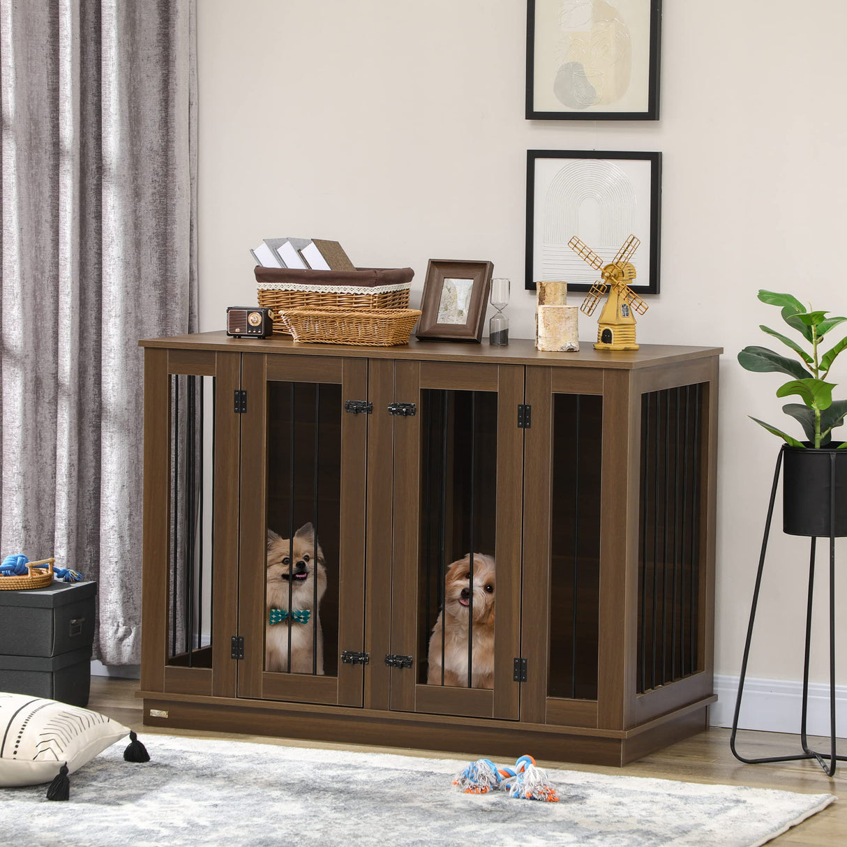 PawHut Furniture Style Dog Crate with Removable Divider, Dog Crate Side End Table Indoor with Double Doors, for Small to Large Dogs, 47" x 23.5" x 35", Walnut PawHut