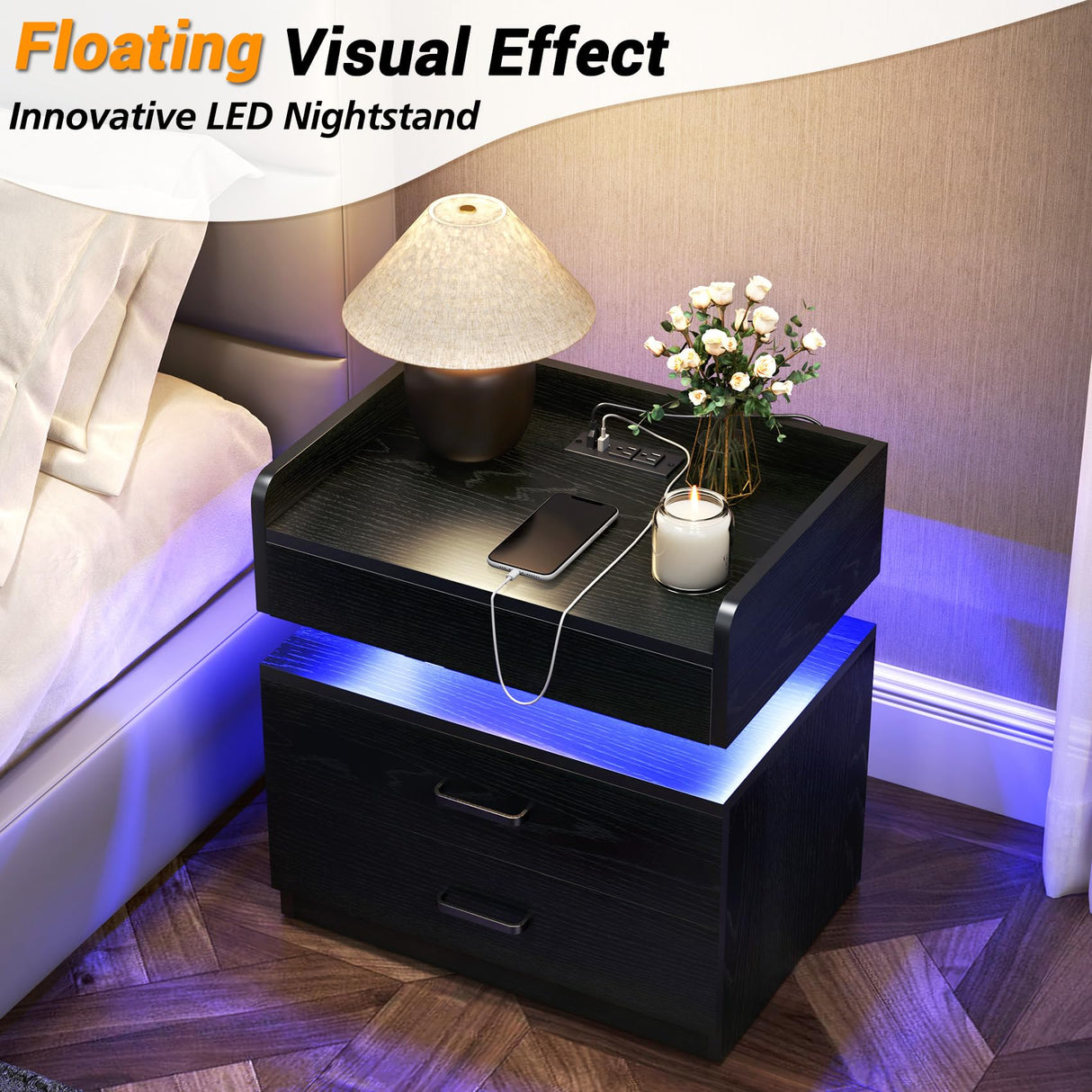 TC-HOMENY Floating Nightstand with 2 Drawers, LED Nightstand with Voice-Activated Mode, Side Table End Table with Charging Station (Black) TC-HOMENY