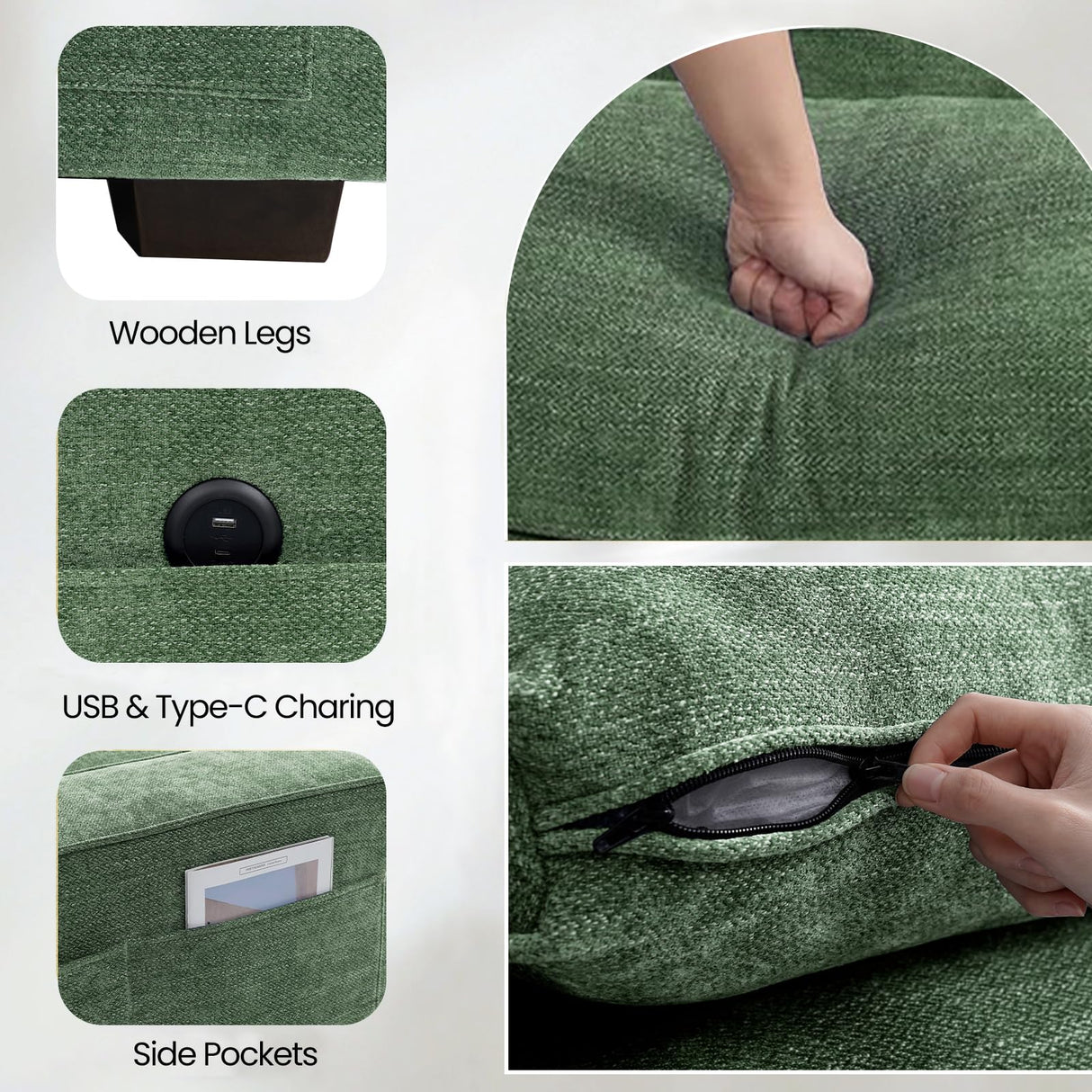 TEKAMON 100" Modular Sofa with Seats Storage, Comfy 3-Seater Chenille Fabric Couch for Living Room, Office, Apart W/Deep Seat, USB Charging, Upholstered Couch with Removable Cover(Green) TEKAMON